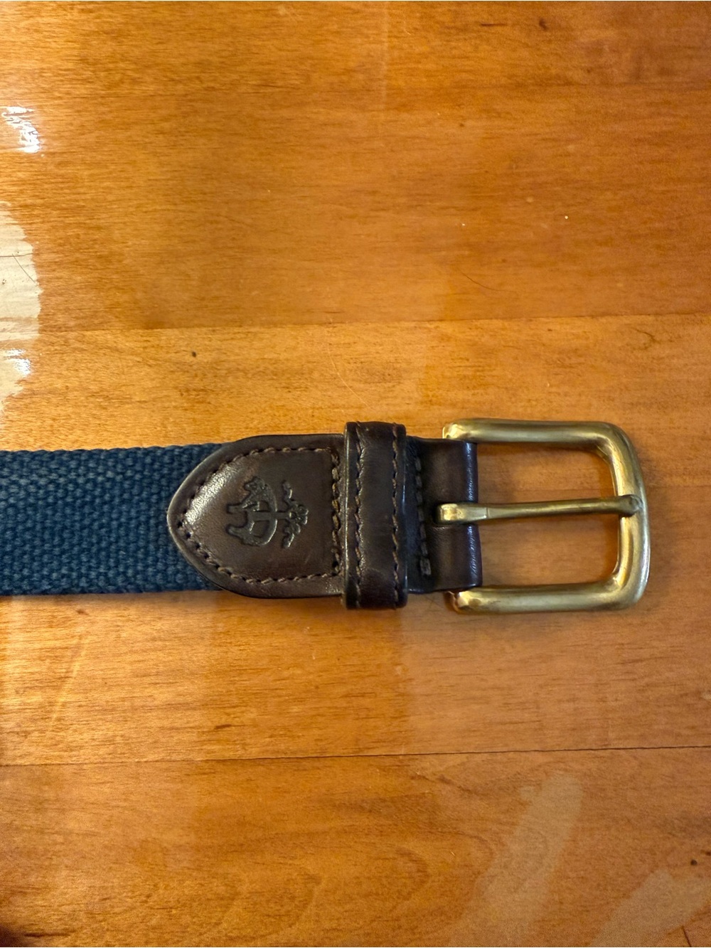 Brooks Brothers Navy Woven Belt with Brown Leather and Brass Buckle